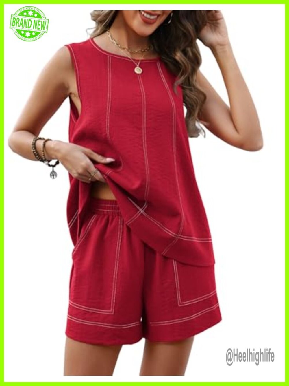Women's Two Piece Linen Lounge Set Shorts Tank Top Pockets Summer Casual